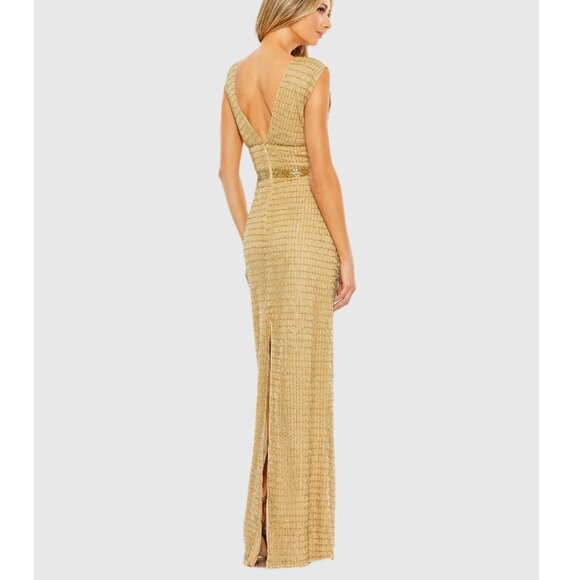 NEW $598 Mac Duggal 5625 Size 16 Gold Beaded V-Neck Column Long Maxi Gown‎ Dress - Picture 4 of 6